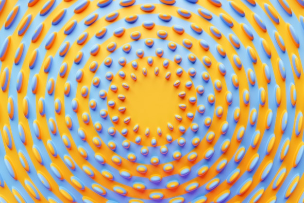 3D illustration of rows of blue and yellow  bumps. A set of pimples on a  background, pattern. Geometric background