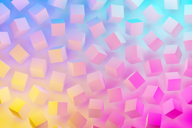 3d illustration of rows of  white cubes under a blue-pink neon color . Parallelogram pattern. Technology geometry  background