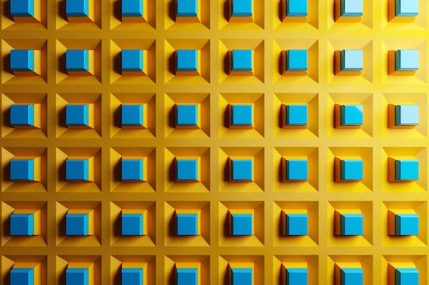 노란색과 파란색 큐브 행의 3d 그림입니다. 모노크롬 배경, 패턴에 사각형의 집합입니다. 기하학 배경