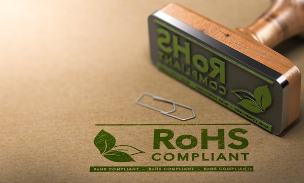 3D illustration of a rubber stamp with the text RoHS Compliant stamped on paper background.