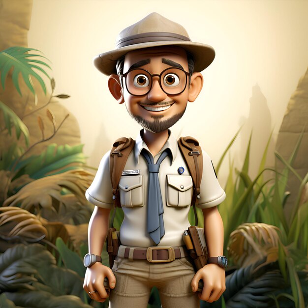 Photo 3d illustration of a safari explorer with a hat and glasses