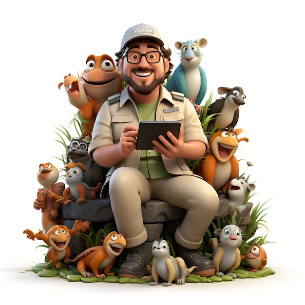 Photo 3d illustration of a safari hunter with a group of animals