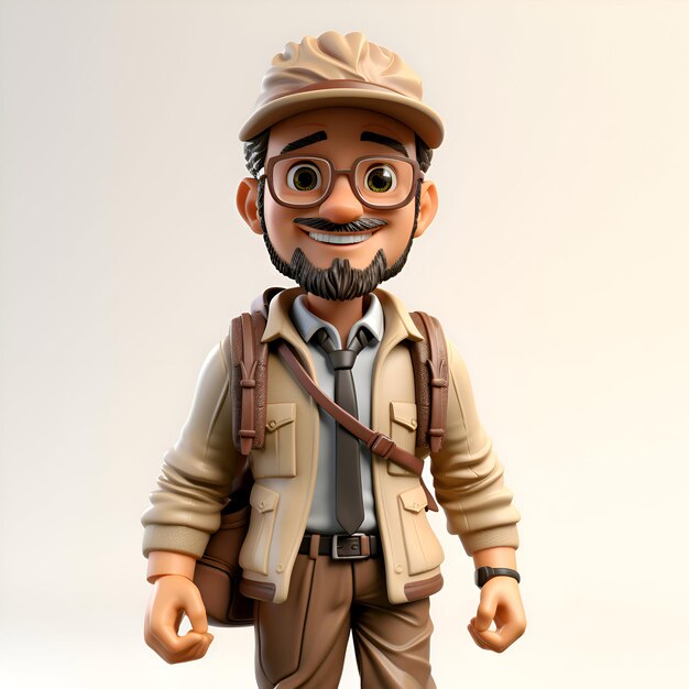 Photo 3d illustration of a safari man with hat and brown jacket