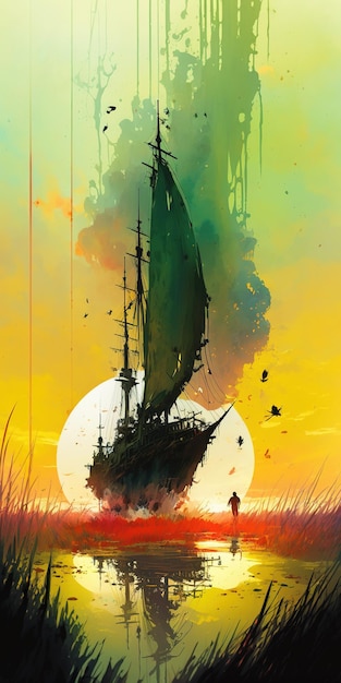 3d illustration sails in a sea of grass, sunset,