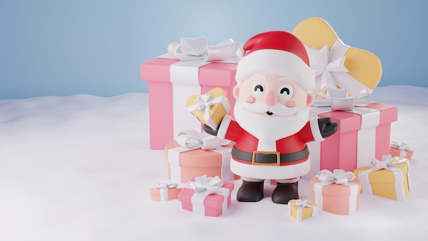 3D illustration of Santa Claus holding a gift boxsurrounding by gift boxs and snow