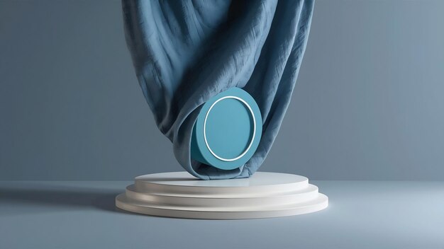 Photo 3d illustration of a scene from a circle on a pedestal under a blue cloth on a monocrome backgroun