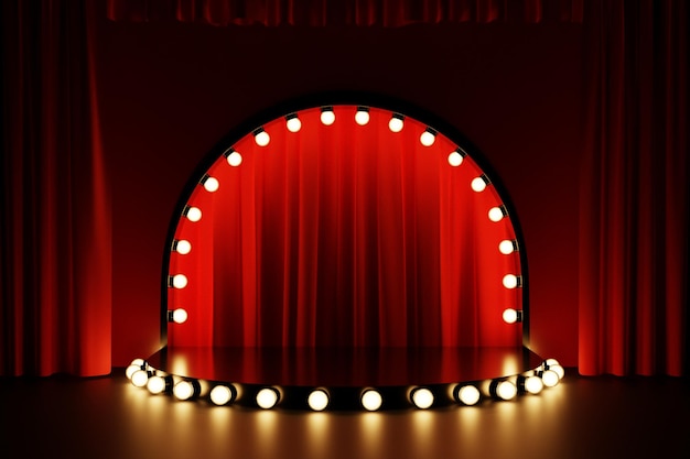 3d illustration of a scene from a circle with red theater curtains from the back