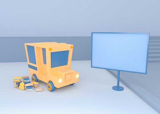 3D Illustration. School bus with a blank sign board. Back to school
