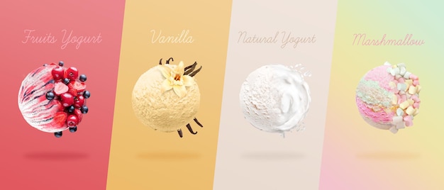 3d illustration Scoops of ice cream with four Types of Chocolate different various flavors