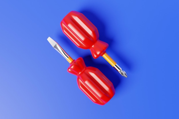 3d illustration of a screwdriver with a red handle in cartoon\
style on a blue isolated background hand carpentry tool for diy\
shop