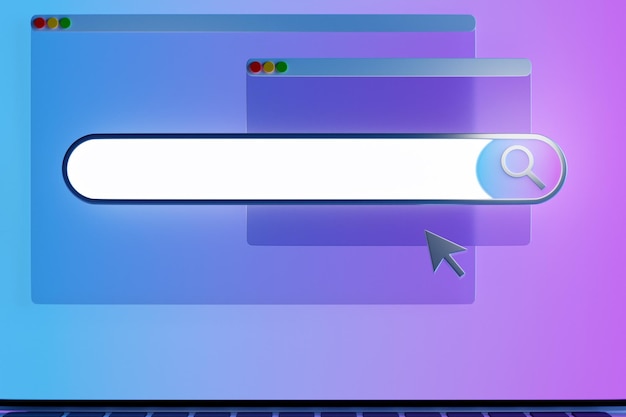 Foto illustrazione 3d casella cornice di ricerca barra web con icona lente di ingrandimento su sfondo viola ricerca in internet