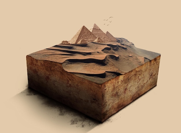 Photo 3d illustration of section of desert, cubical pyramid in desert isolated, microworlds of egypt pyram