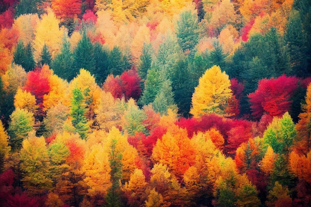 3D Illustration, selective focused, blurred, colorful fall forest landscape wallpaper.