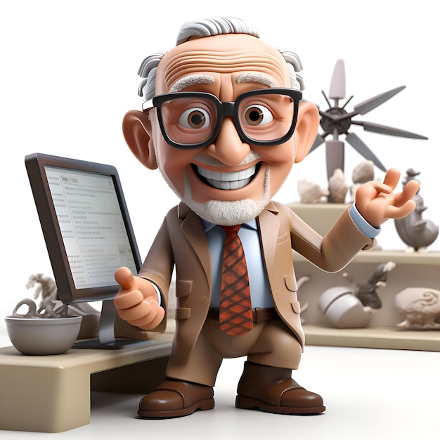 3D illustration of a senior businessman with a tablet computer in his office