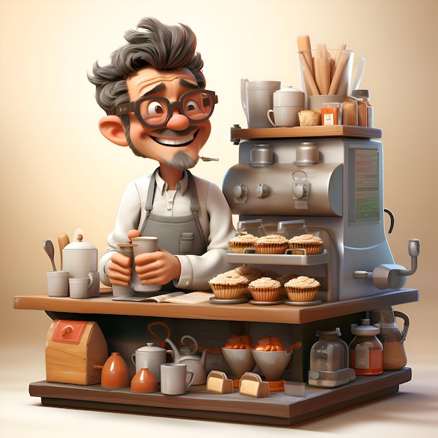 3D illustration of a senior man making cupcakes in a coffee shop