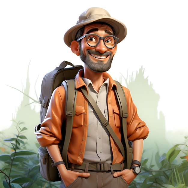 3D illustration of a senior man with a backpack in the jungle