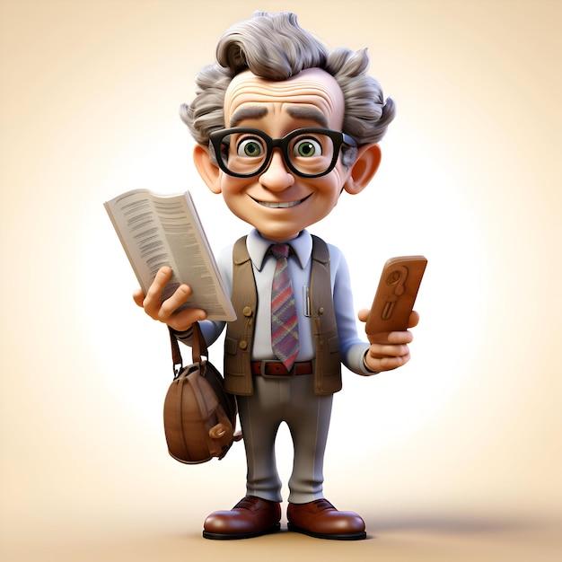 3D illustration of a senior man with a book and mobile phone