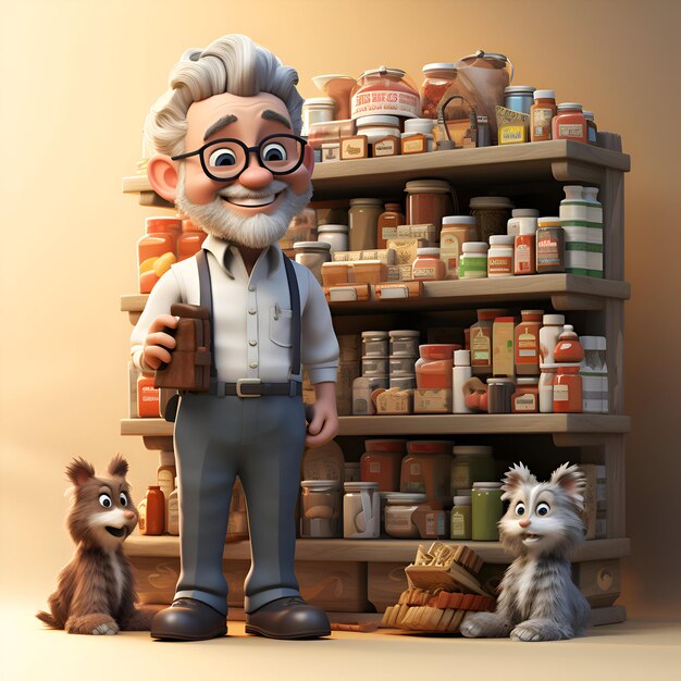 3D illustration of a senior man with a cat and a dog