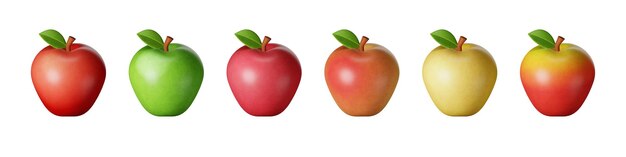 3D-иллюстрация набора из 6 типов и цветов целых кусочков яблок, изолированных на белом фоне