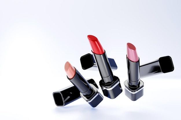 Set di illustrazioni 3d di rossetti colorati scena di trucco e cosmetici per la progettazione di prodotti di marca di bellezza