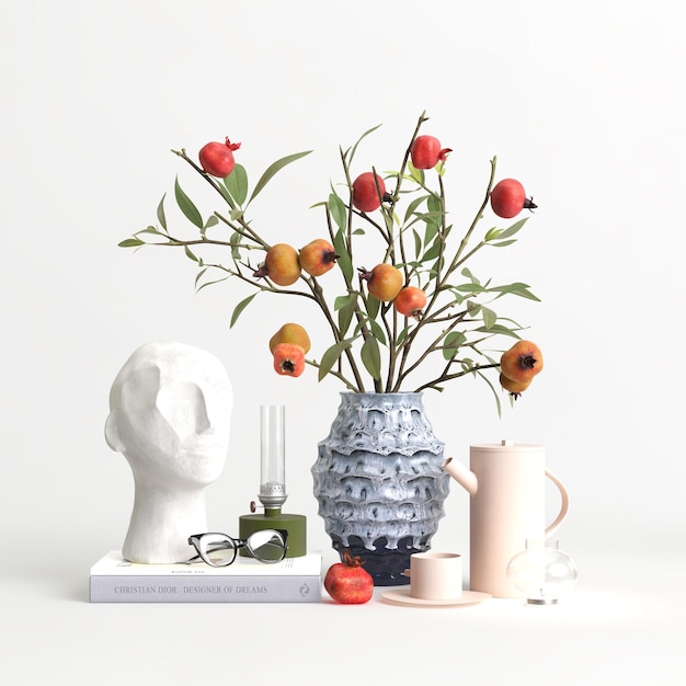 3d иллюстрация набора декоративной вазы внутри на белом фоне
