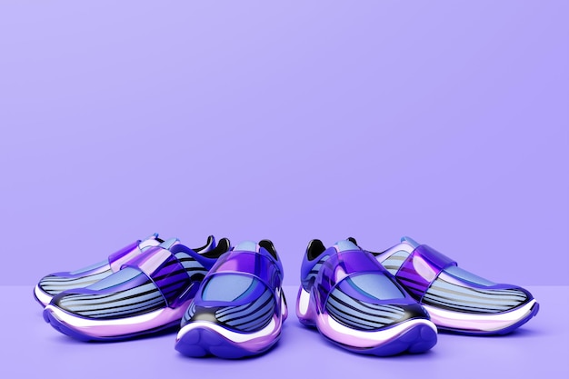 3d illustration set of futuristic sneaker colorful sneakers\
with foam soles and closure under neon color on a purple background\
fashionable sneakers