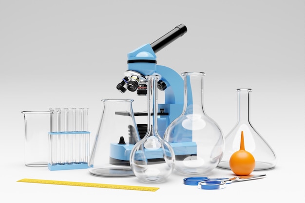 Photo 3d illustration of a set of laboratory instruments and a microscope chemical laboratory research on a white background