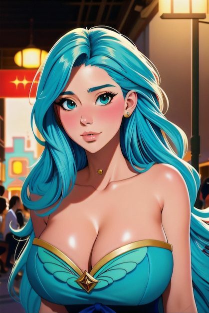 3D иллюстрация сексуальной женщины в стиле аниме с длинными синими волосами