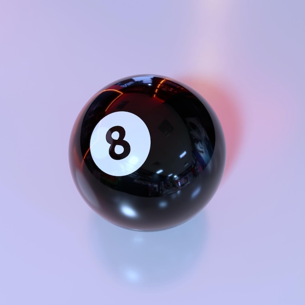 Photo 3d illustration of shiny black ball with number 8 in white circle on lilac surface with col