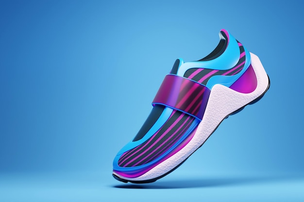 3D иллюстрации блестящих синих и фиолетовых кроссовок с подошвами из пенопласта и закрытием под неоновым цветом на синем фоне. Кеды вид сбоку. Модные кроссовки.