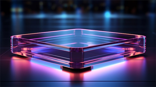 A 3d illustration of a shiny metal tray with a purple background.