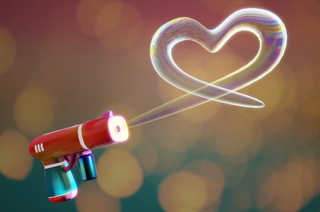 Illustrazione 3d. cuore sparante forma di bolle da bubble gun