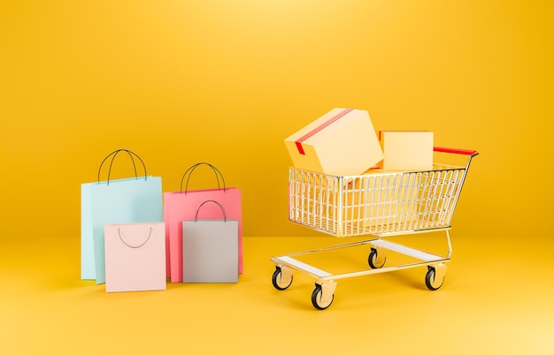 3d illustration Shopping bags and boxes on carts