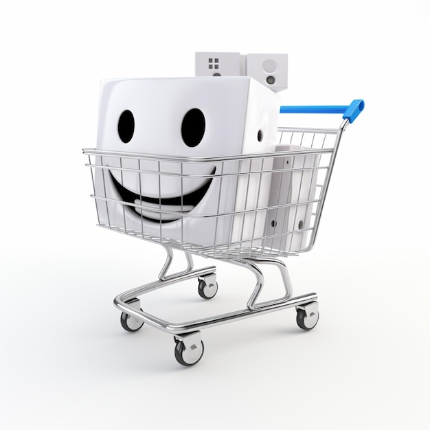 3D-иллюстрация корзины для покупок с картонной коробкой с улыбкой
