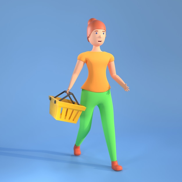 3d illustration of shopping woman with market basket. Woman 3d character with shopping basket.