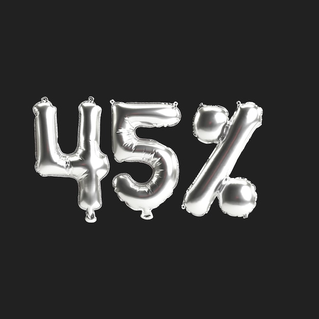 3d illustration of silver balloons 45shape isolated on black background