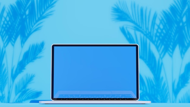 3d illustration of silver colored laptop on blue stage with plant shadows