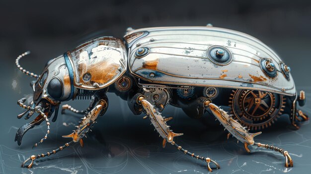 3D illustration of a silver mechanical ornamental beetle with clockwork gears