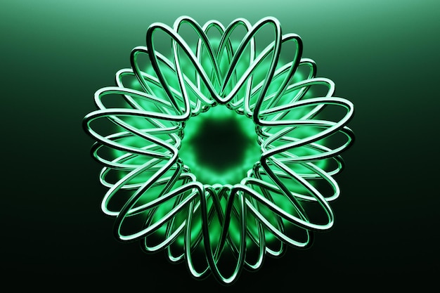 3d illustration of a silver metal flower  under green nein lights on a black background