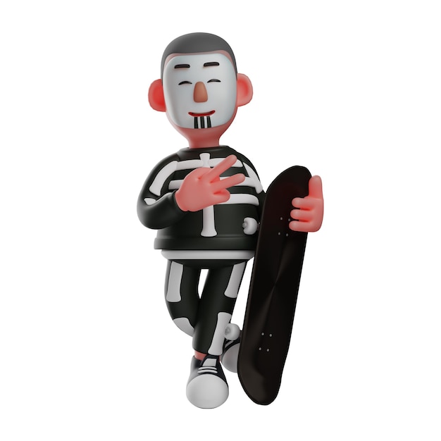 Foto illustrazione 3d skeleton boy cartoon 3d che tiene uno skateboard con due dita e gambe incrociate