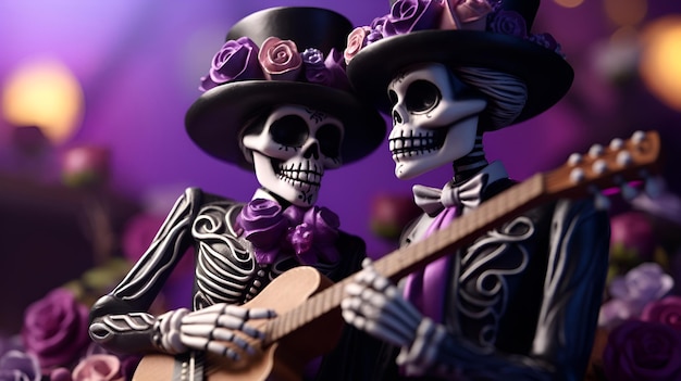 3D иллюстрация скелетов с розами и гитарой Мексиканский День Мертвых 1