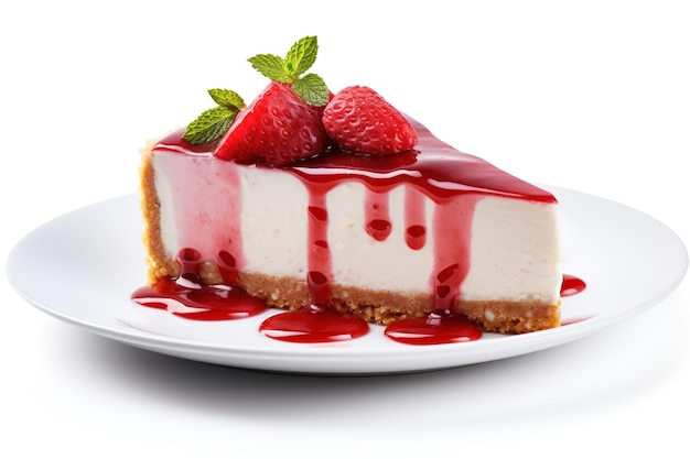 색 배경에 분리 된 딸기와 함께 치즈 케이크의 3d 일러스트레이션 슬라이스