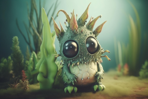 Photo a 3d illustration of a small alien with big eyes and a green plant in the background.
