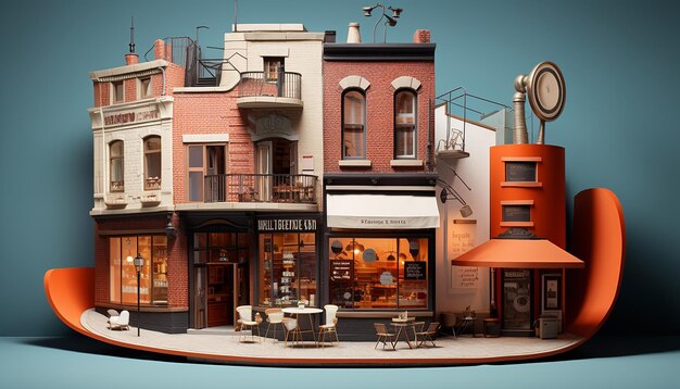 A 3d illustration of a small coffee shop with brick walls