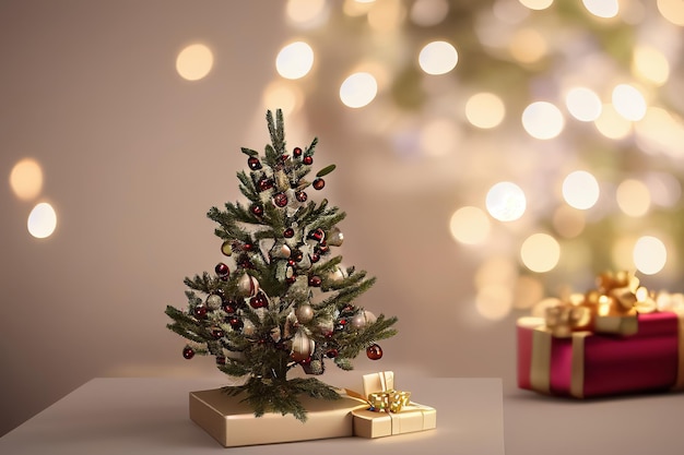 3d illustration of small mini christmas tree with bokeh light\
in room