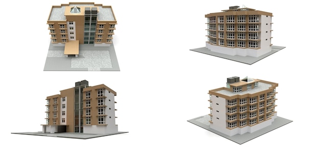 3Dイラストエレベーターとガレージの3Dレンダリングを備えた小さな白とベージュのコンドミニアム