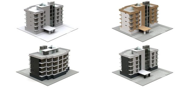 3d illustration. Small white-gray condominium with elevator and garage. 3d rendering.