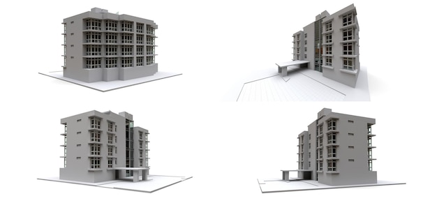 Illustrazione 3d piccolo condominio bianco grigio con ascensore e garage rendering 3d