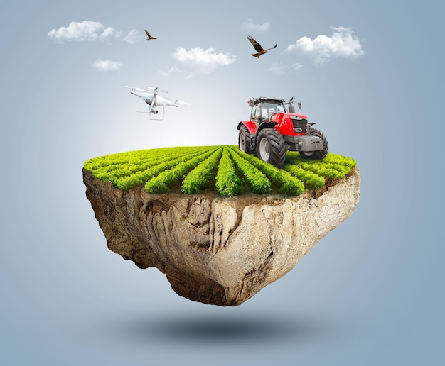 3d illustration of smart farming concept, tractor on a floating piece of land with farm meadow view.