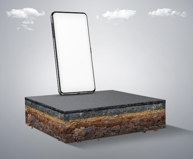 3D illustration of smartphone on a cubical soil land geology cross section isolated with clouds